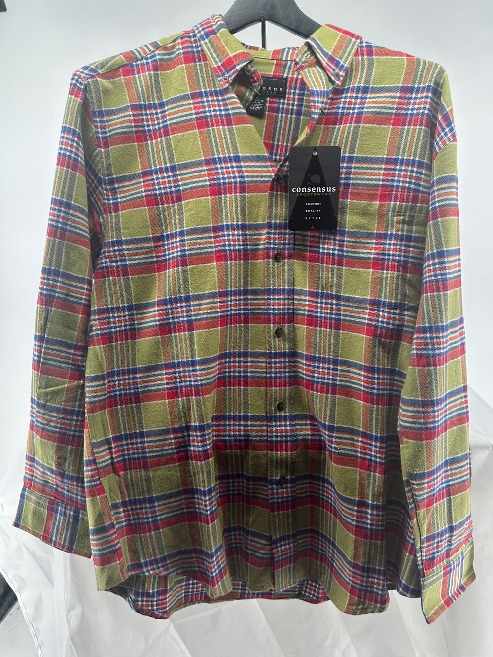 NWT Consesus green plaid button down shirt